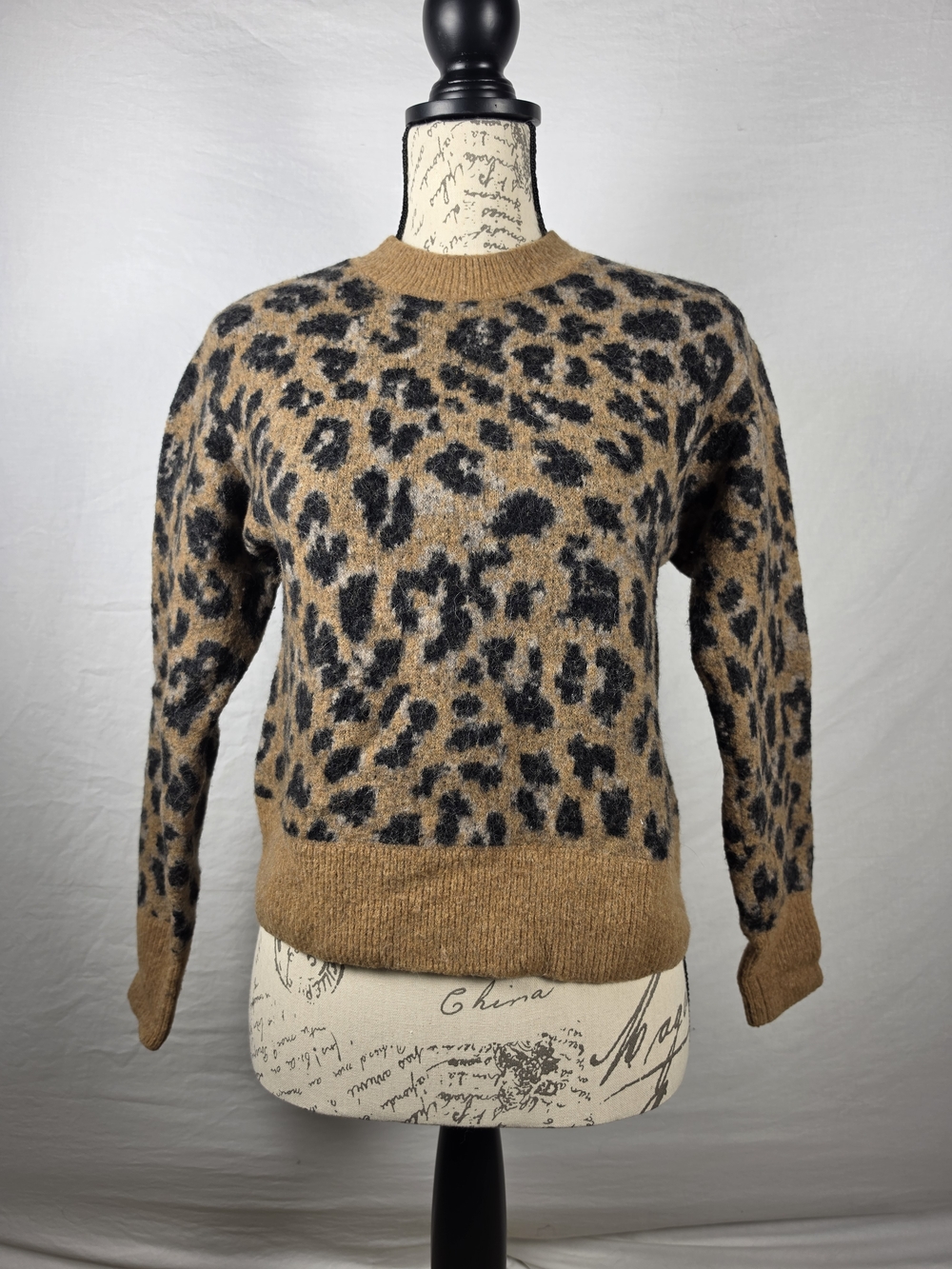 FRAME Leopard Print Wool & Alpaca Blend Crewneck Sweater Brown - Small